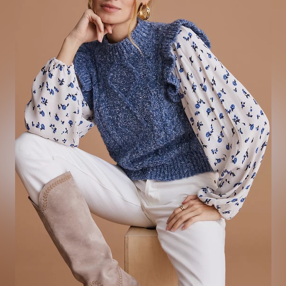 Anthropologie sz M Maeve Blue Layered Sweater Vest Floral Blouse Cottagecore